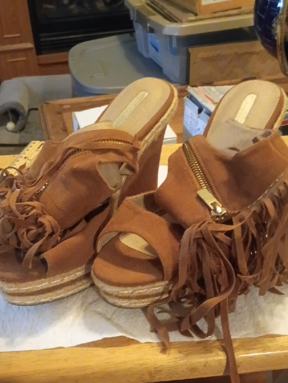 mark. Tan Fringe Suede Wedge Sandals